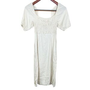 Womens Dress Sz S Linen Cottage Mini Babydoll Boho Smocked Puff Sleeve Cream